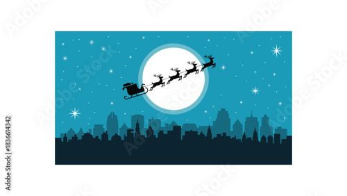 Santa claus silhouette flying his reindeer sleigh across a bright full moon over a city skyline at night