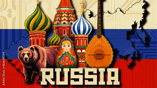 Colorful Russia travel illustration with Saint Basil cathedral domes, bear, matryoshka doll, balalaika and Russian flag map design