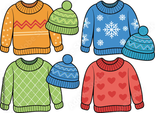 Cute illustrated winter sweaters and beanies, cozy seasonal clothing collection, warm knitwear designs, colorful holiday outfits, festive winter fashion clipart, vector set