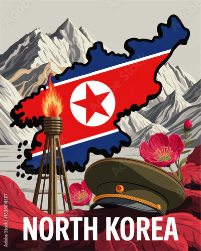 North Korea illustration with national flag map, military cap, torch, pink flowers and mountain landscape political concept art