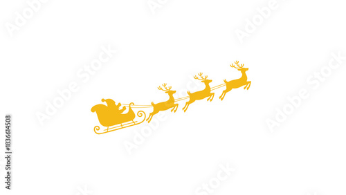 Whimsical golden silhouette of santa claus in his sleigh pulled by a team of reindeer flying across a white background