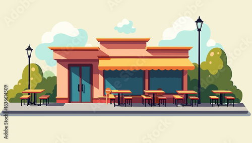 Bright roadside café with outdoor tables in a relaxed urban atmosphere