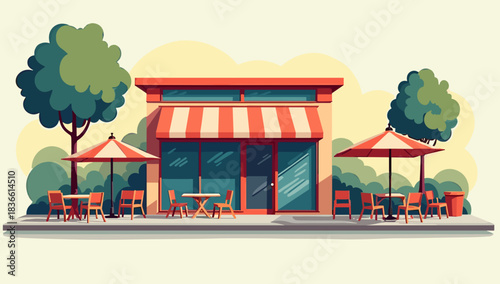 Cozy outdoor roadside café with tables in a sunny urban setting