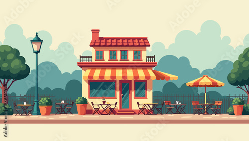 Charming roadside café with outdoor tables in a quaint neighborhood