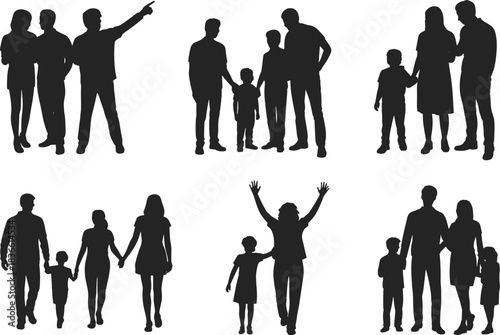Family silhouettes, parents and children walking, standing, bonding, diverse poses, togetherness concept, unity, happy family moments, lifestyle illustration, black figures