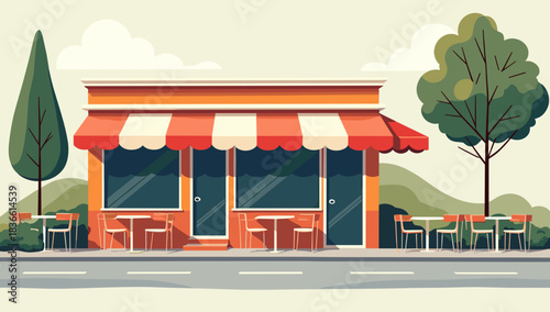 Cozy roadside café with outdoor tables in a bright natural setting