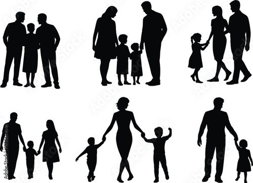 Family silhouettes, parents and children walking, standing, bonding, diverse poses, togetherness concept, unity, happy family moments, lifestyle illustration, black figures