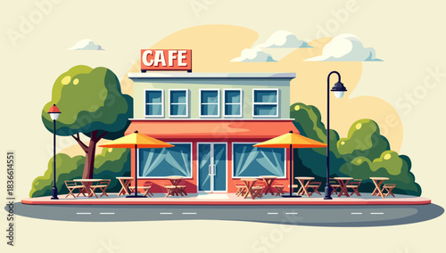 Two‑story roadside café with outdoor tables under sunny umbrellas