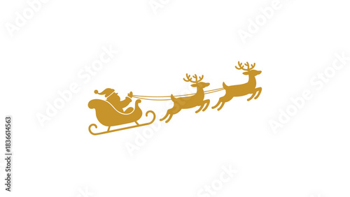 Whimsical golden illustration of santa claus in his sleigh pulled by two reindeer against a clean white background