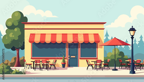 Charming roadside café with outdoor tables in a forested area