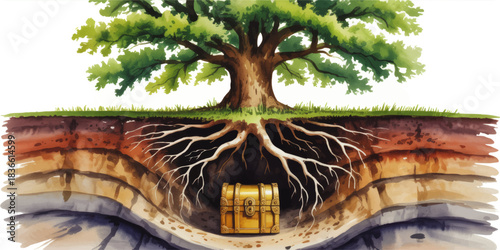 Watercolor tree roots cross section with underground treasure chest, layered soil profile and hidden wealth nature education concept