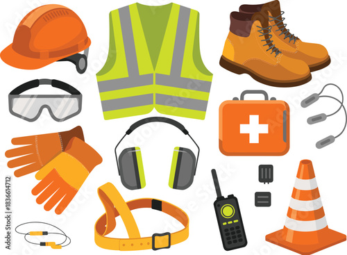Flat illustration of industrial safety equipment including helmet, vest, gloves, boots, first aid kit, ear protection, goggles, radios, and traffic cone