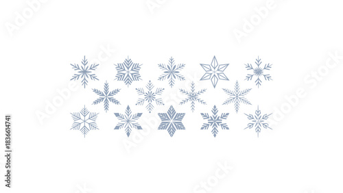 Collection of delicate light blue and white intricate snowflake designs on a clean white background for winter holidays