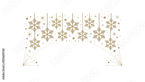 Golden snowflake ornaments hanging and twinkling with subtle bokeh lights on a creamy white background for festive winter celebrations