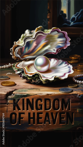 Kingdom of Heaven concept art with open oyster shell, glowing pearl, gold coins and jewelry on rustic wood table, spiritual treasure