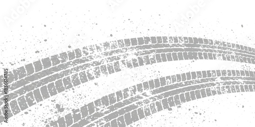 Grungy tire track marks with dirt splashes on a clean white background vector