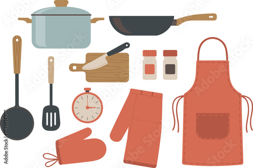 -Flat minimalist vector illustration of kitchen utensils, cooking tools, cookware, cutting board, apron, spices and accessories for culinary food preparation
