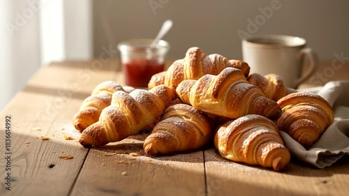 Delicious Pastries Display: Freshly Baked Croissants on Wooden Table with Tea, Coffee and jam