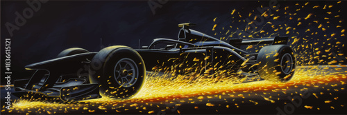 Futuristic Formula race car at full speed on dark track with glowing sparks, dramatic night motorsport digital painting banner