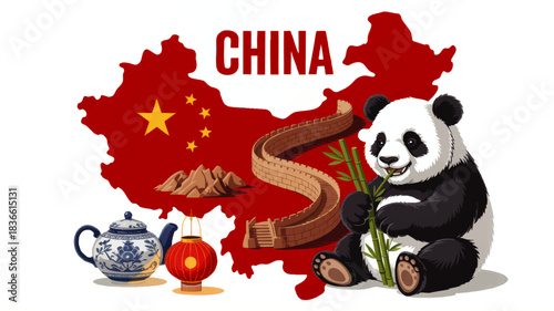 China travel illustration with panda bear, Great Wall, red map, Chinese lantern and blue porcelain teapot for tourism design