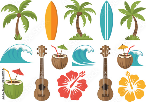 Hawaiian tropical elements with palm trees, surfboards, ocean waves, ukuleles, hibiscus flowers and coconut drinks in colorful summer island illustration, beach vibes