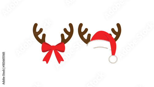 Festive christmas holiday reindeer antlers with red bow and santa hat on white background for seasonal celebrations
