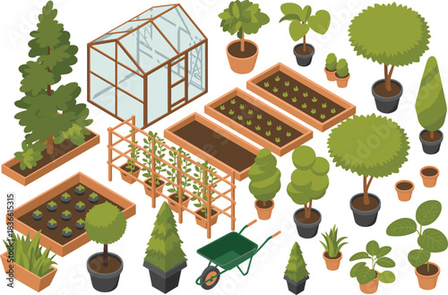 Isometric 3D garden illustration with greenhouse, potted plants, raised beds, gardening tools, topiary trees, seedlings, and decorative landscape elements