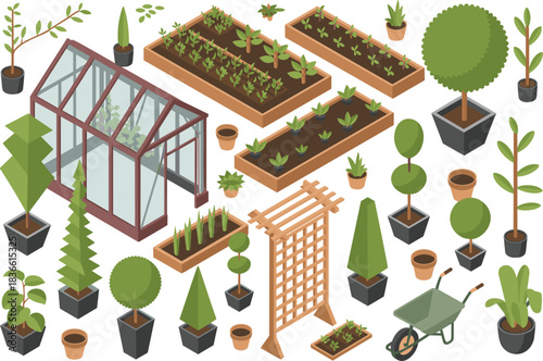 Isometric 3D garden illustration with greenhouse, potted plants, raised beds, gardening tools, topiary trees, seedlings, and decorative landscape elements