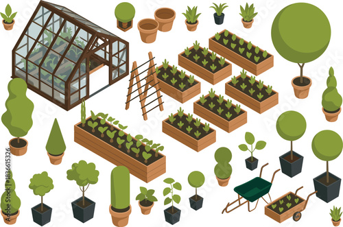 Isometric 3D garden illustration with greenhouse, potted plants, raised beds, gardening tools, topiary trees, seedlings, and decorative landscape elements