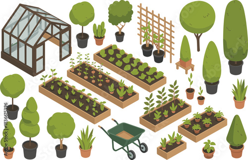 Isometric 3D garden illustration with greenhouse, potted plants, raised beds, gardening tools, topiary trees, seedlings, and decorative landscape elements
