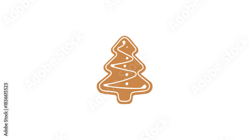 A single festive christmas tree shaped gingerbread cookie decorated with white icing swirls and dots on a plain white background