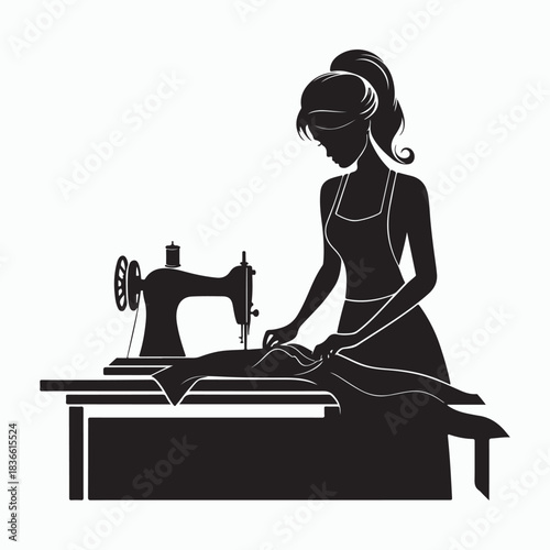 Silhouette of a woman sewing on a vintage sewing machine
