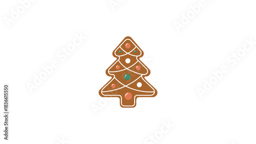 Festive gingerbread cookie shaped like a christmas tree decorated with icing and colorful candies for the holidays