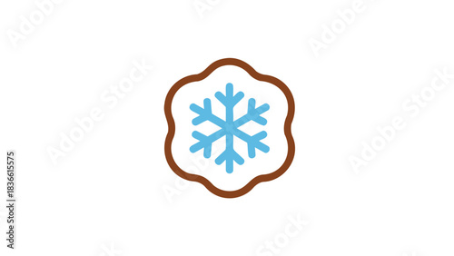 A stylized blue snowflake icon with a decorative scalloped brown border on a clean white background representing winter and cold
