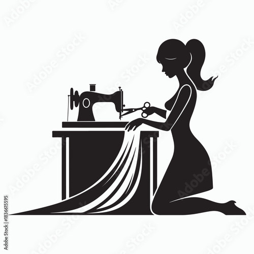Silhouette of a woman sewing fabric with a sewing machine and scissors