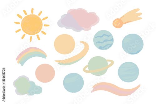 Set of colorful drawings of planets and a sun