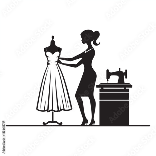 Silhouette of a fashion designer working on a dress at a mannequin with a sewing machine