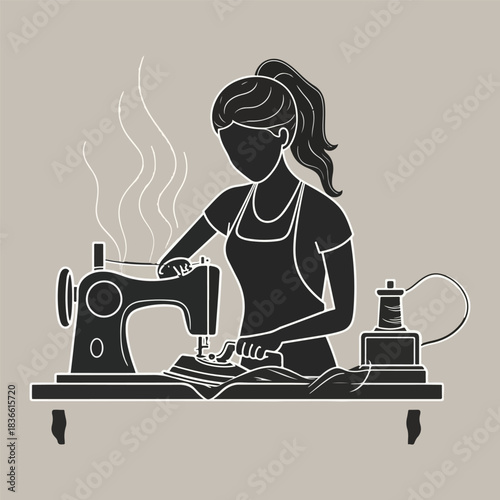 Silhouette of a woman sewing at a vintage sewing machine vector design