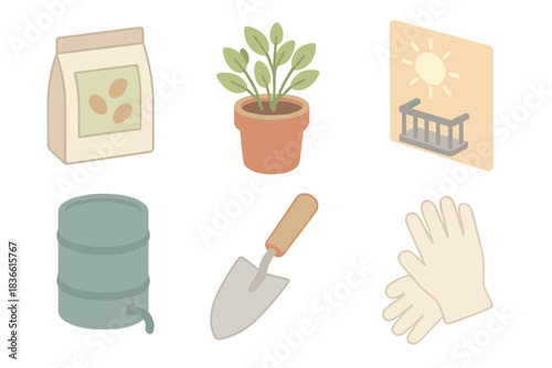 Set of gardening tools and a potted plant