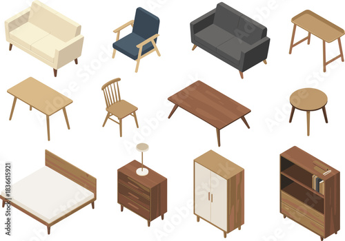 Isometric furniture illustration set featuring sofas, chairs, tables, bed, cabinet, dresser and bookshelf, modern home interior decor collection elements