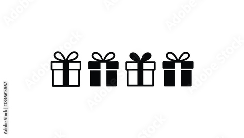 Four simple black and white outline icons of gift boxes with bows arranged in a row on a white background