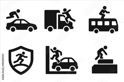 Series of black and white icons depicting various accidents involving vehicles
