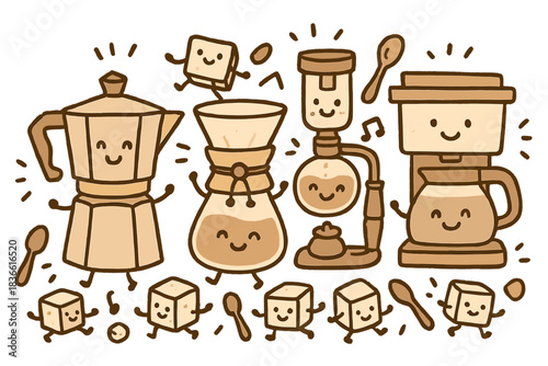 Cartoon drawing of a coffee shop with a variety of coffee makers