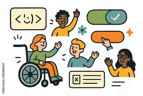 Group of people are waving at each other, with one person in a wheelchair