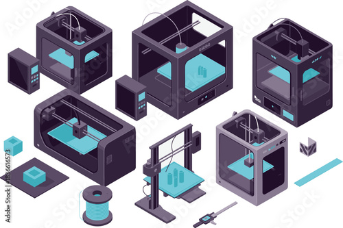 Isometric illustration of multiple 3D printers with filament, tools, components, modern manufacturing technology equipment, additive fabrication devices shown in detailed layout