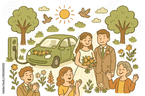 Cartoon drawing of a family with a bride