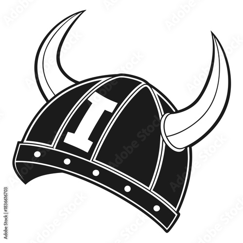 Vector illustration black and white illustration of a viking helmet with horns and the letter i on the front