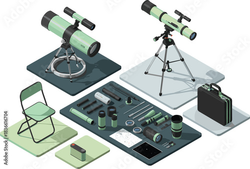 Isometric illustration of telescopes, astronomy tools, star charts, tripod mounts, eyepieces, accessories and observation equipment for stargazing and amateur astrophotography