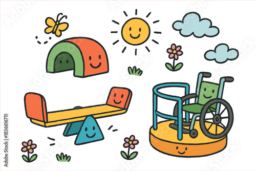 Cartoon drawing of a playground with a swing and a seesaw