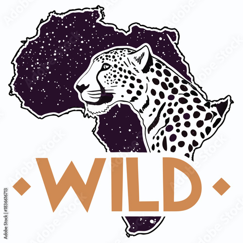 Vector illustration stylized illustration of a leopard head superimposed on a map of africa filled with a starry night sky, with the word wild below